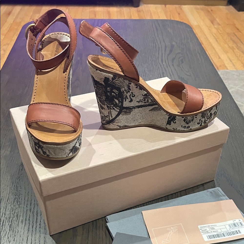 MIU MIU Brown Leather Platform Wedge Sandals